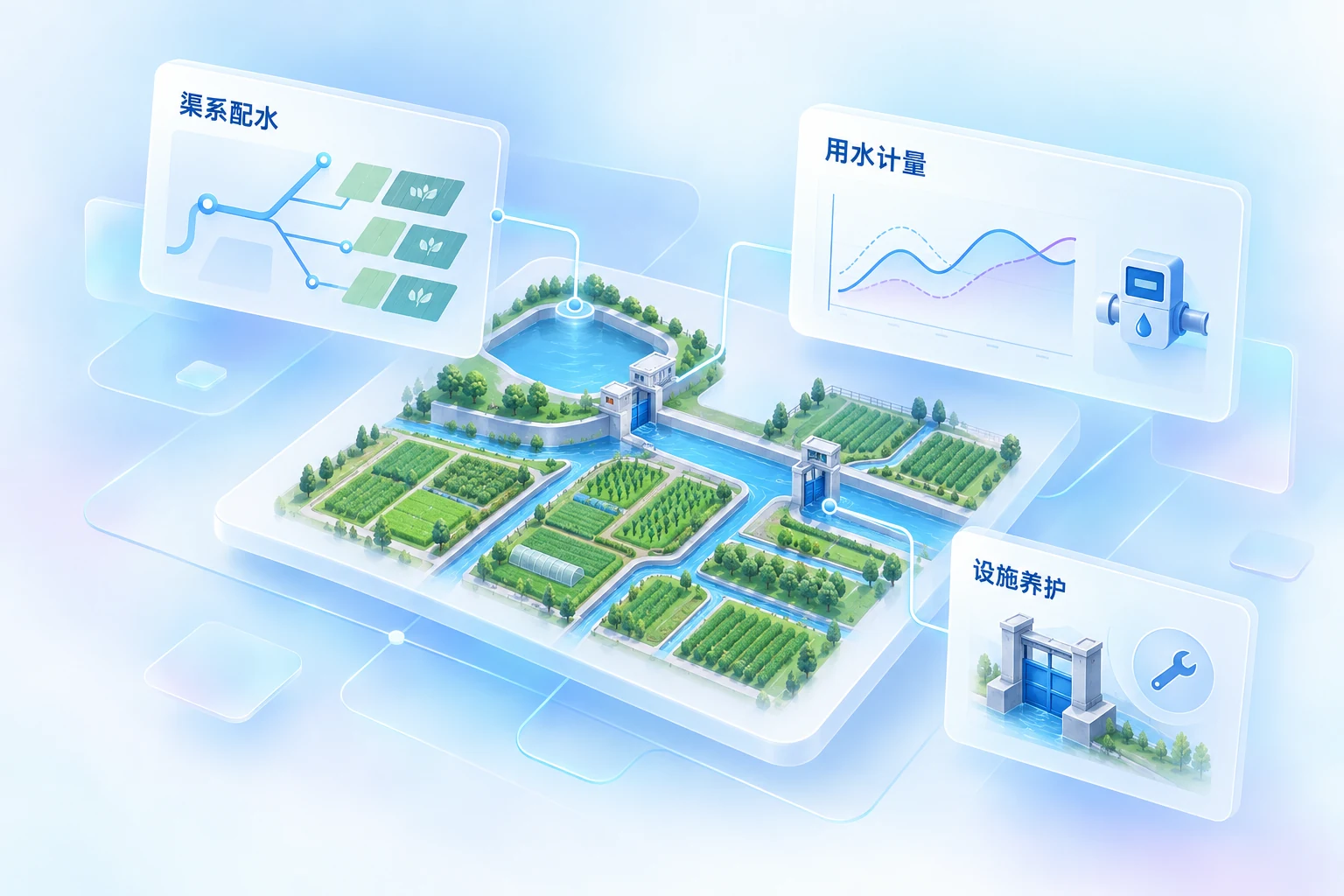 现代化灌区:渠系配水、用水计量、设施运维业务示意